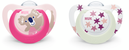 NUK - биберон залъгалка силикон 6-18 м. 2бр STAR NIGHT&DAY светеща + кутийка за съхранение и стерилизация в микровълнова