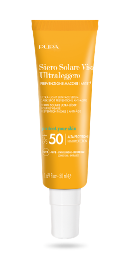 Pupa SUN -  ULTRA-LIGHT SUN FACE SERUM DARK SPOT PREVENTION & ANTI-AGING /  УЛТРА-ЛЕК СЛЪНЦЕЗАЩИТЕН СЕРУМ ЗА ЛИЦЕ ПРЕДОТВРАТЯВАНЕ НА ТЪМНИ ПЕТНА  и  ПРОТИВ СТАРЕЕНЕ SPF 50. 50 ml  + Подарък