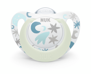 NUK - NUK биберон залъгалка силикон 0-6 1бр. STAR Night  светеща + кутийка за съхранение и стерилизация в микровълнова