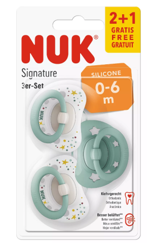 NUK - Биберон залъгалка силикон 0-6 мес. 2+1 бр. Signature