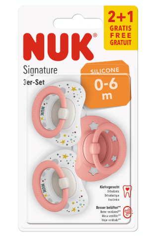 NUK - Биберон залъгалка силикон 0-6 мес. 2+1 бр. Signature