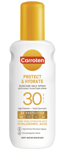 Carroten - Слънцезащитно спрей мляко за тяло с висока защита  SPF 30 - Protect & Care Suncare Milk Spray   SPF 30  200 ml.