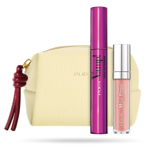Pupa - VAMP! SET LASH EXTENDER MASCARA + MISS PUPA GLOSS 102 + MINI POUCH   Комплект  Спирала за 3D обем и удължаване,, гланц за устни и  малка чантичка.